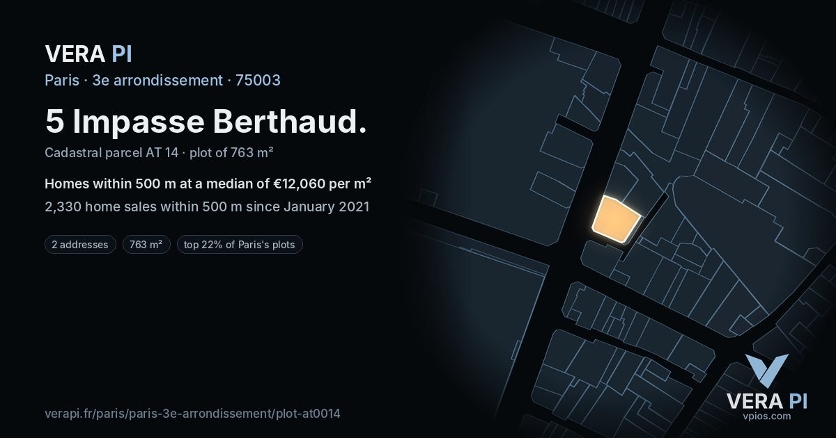 5 Impasse Berthaud, 3e arrondissement at night – the plot lit, the parcels around coloured by the prices near them