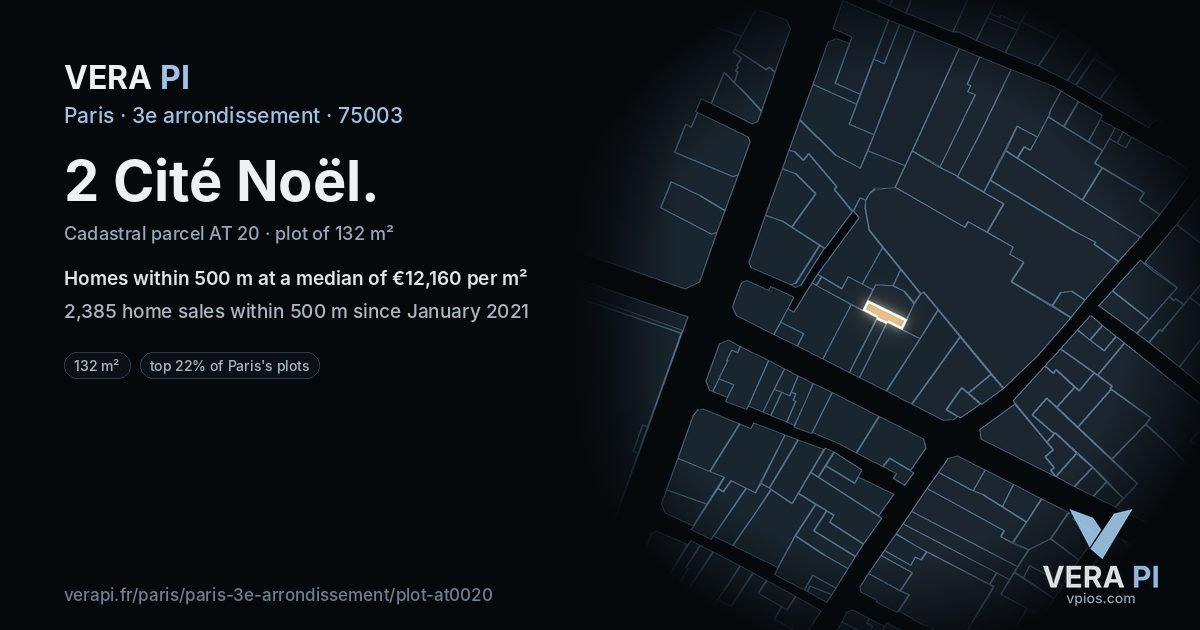 2 Cité Noël, 3e arrondissement at night – the plot lit, the parcels around coloured by the prices near them