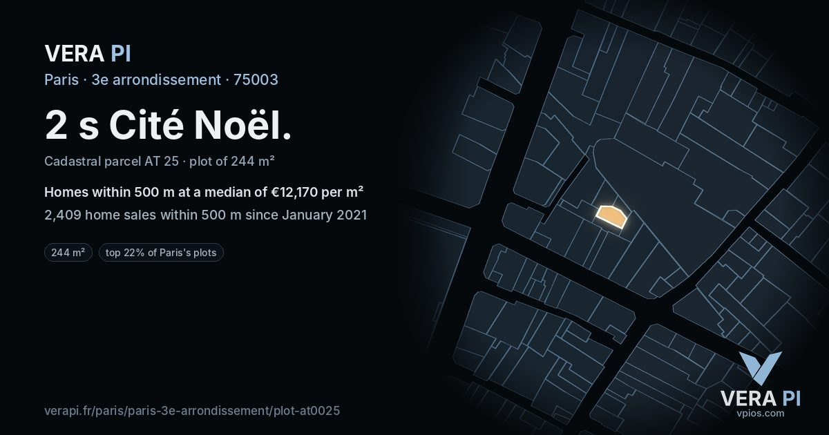 2 s Cité Noël, 3e arrondissement at night – the plot lit, the parcels around coloured by the prices near them