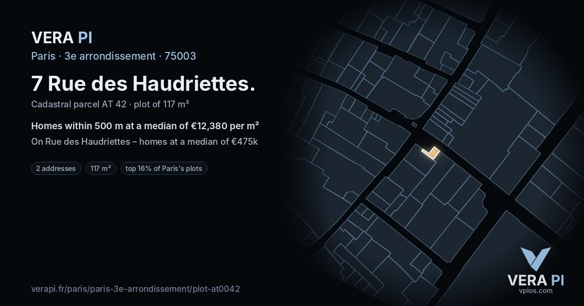 7 Rue des Haudriettes, 3e arrondissement at night – the plot lit, the parcels around coloured by the prices near them