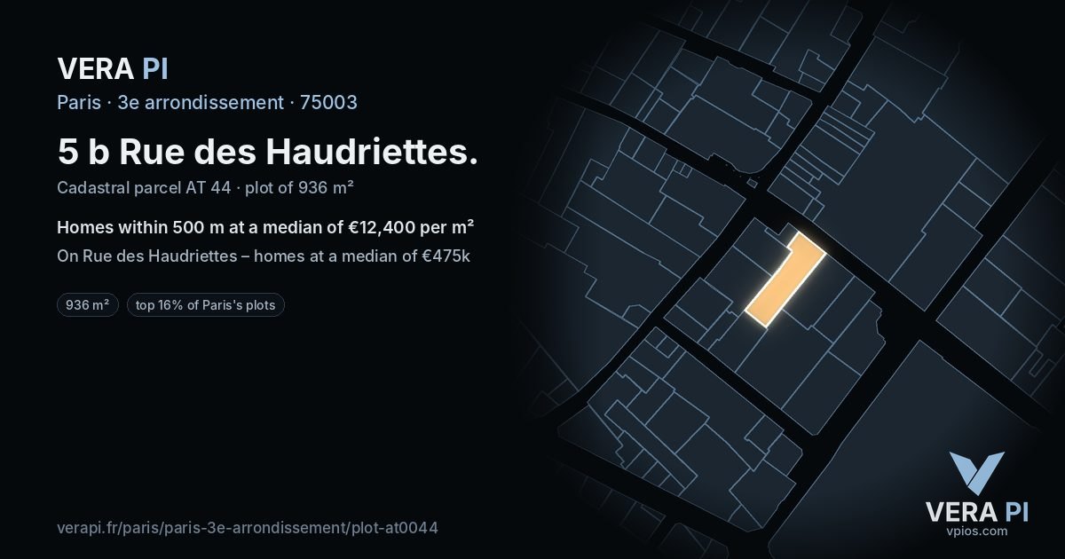 5 b Rue des Haudriettes, 3e arrondissement at night – the plot lit, the parcels around coloured by the prices near them