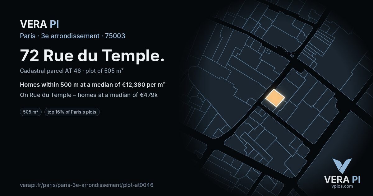 72 Rue du Temple, 3e arrondissement at night – the plot lit, the parcels around coloured by the prices near them