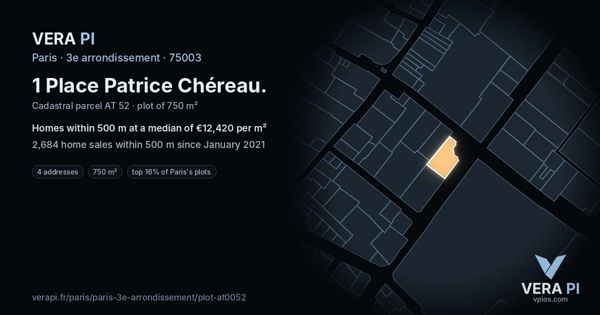 1 Place Patrice Chéreau, 3e arrondissement at night – the plot lit, the parcels around coloured by the prices near them
