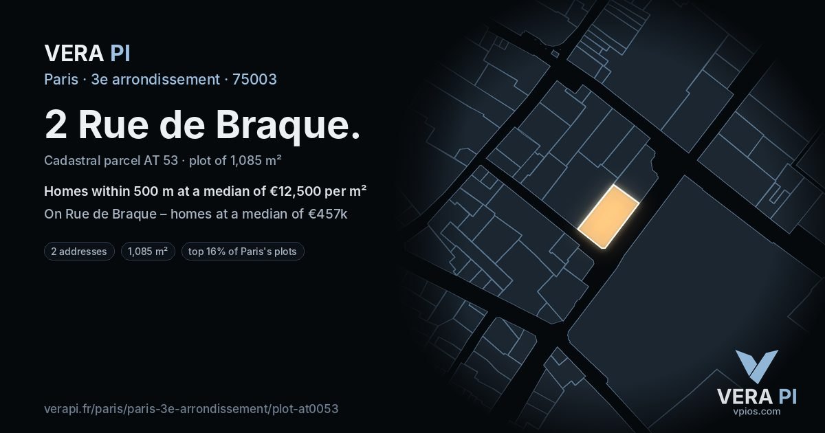 2 Rue de Braque, 3e arrondissement at night – the plot lit, the parcels around coloured by the prices near them
