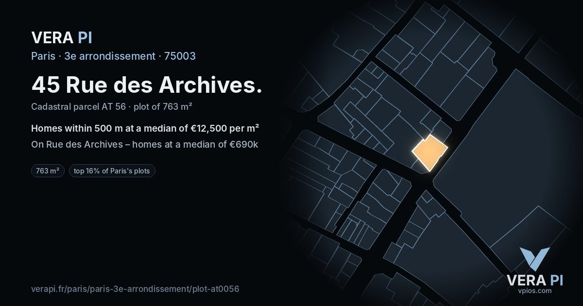 45 Rue des Archives, 3e arrondissement at night – the plot lit, the parcels around coloured by the prices near them