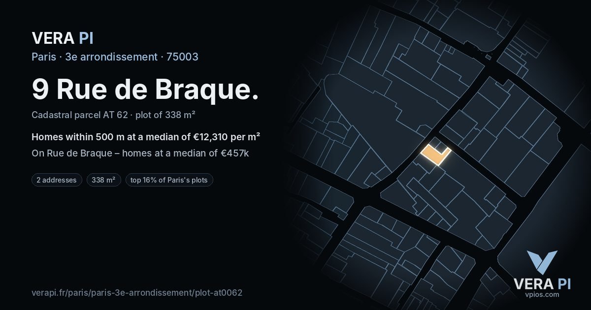 9 Rue de Braque, 3e arrondissement at night – the plot lit, the parcels around coloured by the prices near them