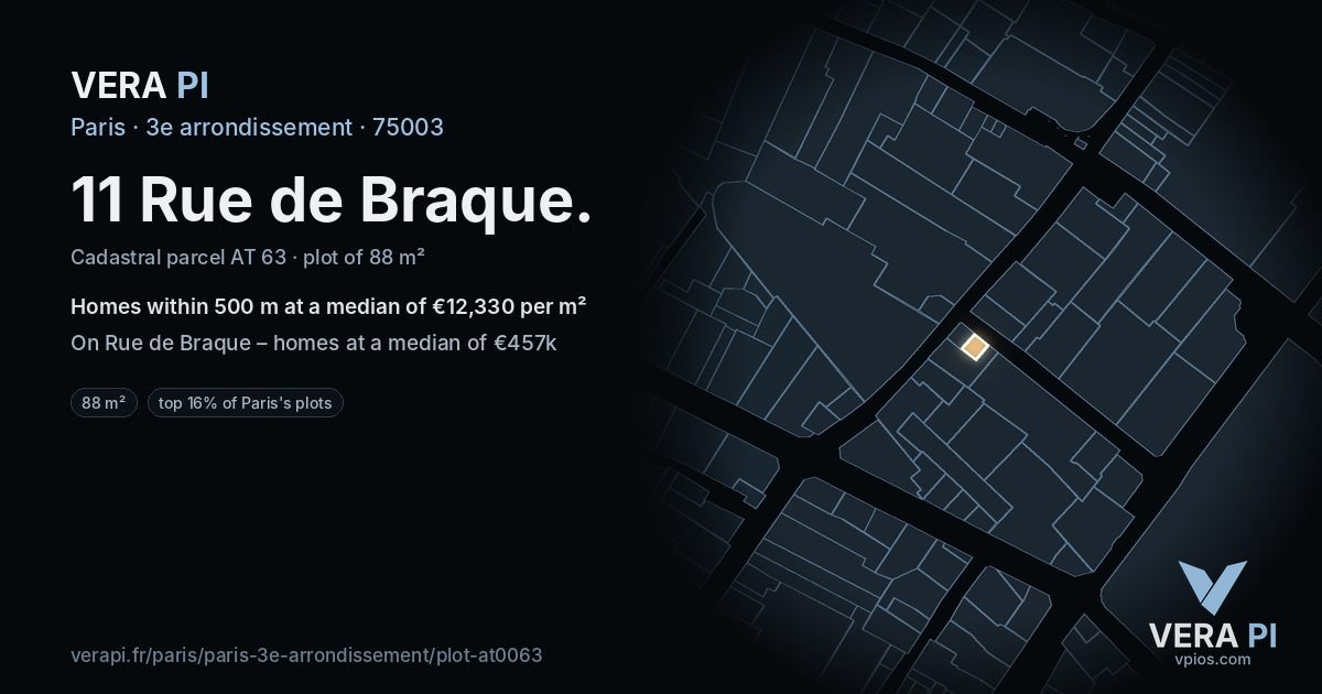 11 Rue de Braque, 3e arrondissement at night – the plot lit, the parcels around coloured by the prices near them