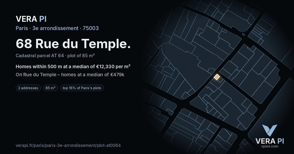 68 Rue du Temple, 3e arrondissement at night – the plot lit, the parcels around coloured by the prices near them