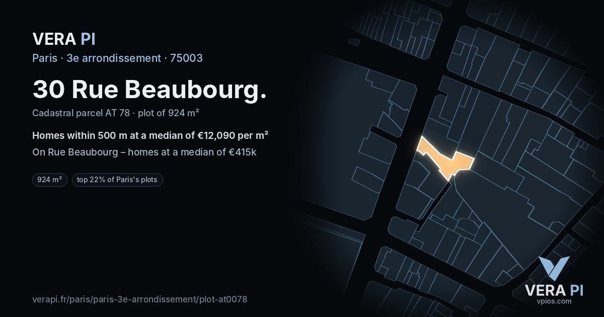 30 Rue Beaubourg, 3e arrondissement at night – the plot lit, the parcels around coloured by the prices near them