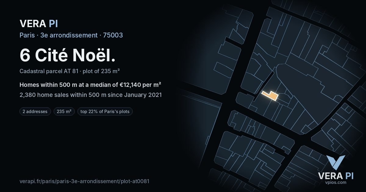 6 Cité Noël, 3e arrondissement at night – the plot lit, the parcels around coloured by the prices near them
