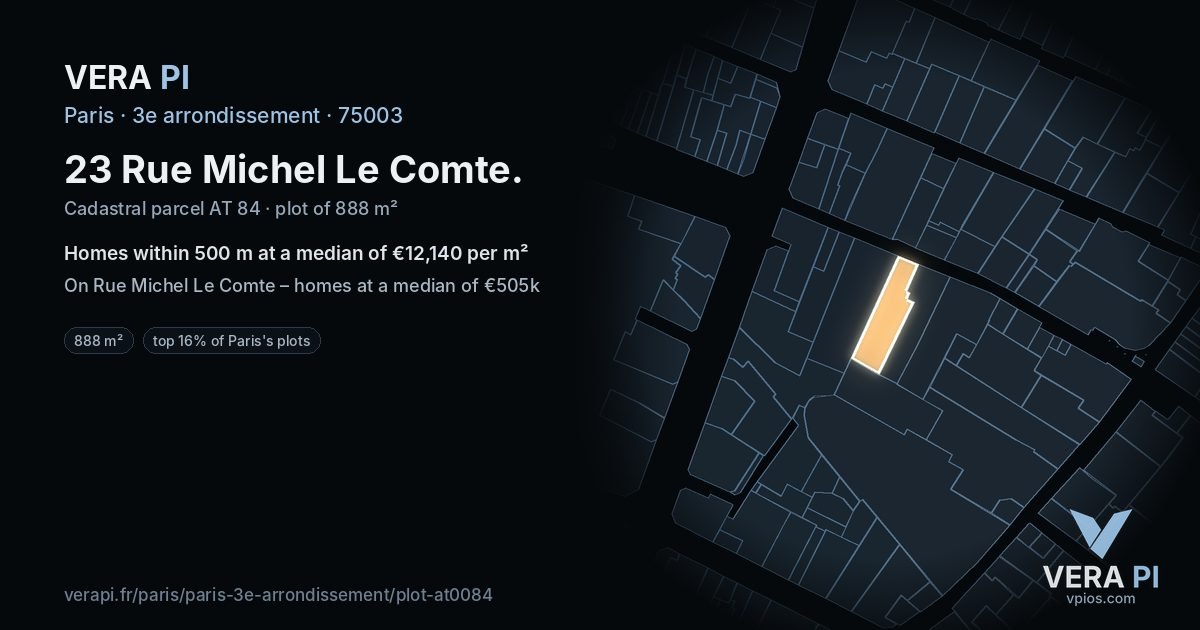23 Rue Michel Le Comte, 3e arrondissement at night – the plot lit, the parcels around coloured by the prices near them