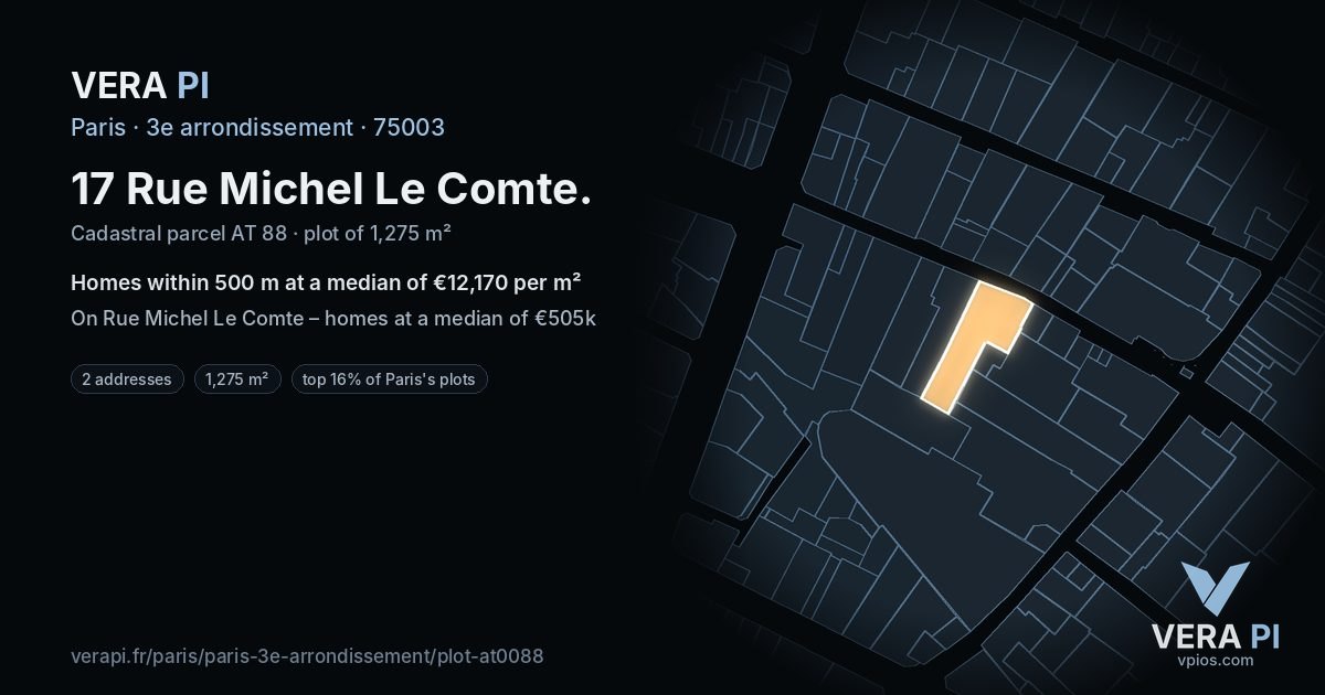 17 Rue Michel Le Comte, 3e arrondissement at night – the plot lit, the parcels around coloured by the prices near them