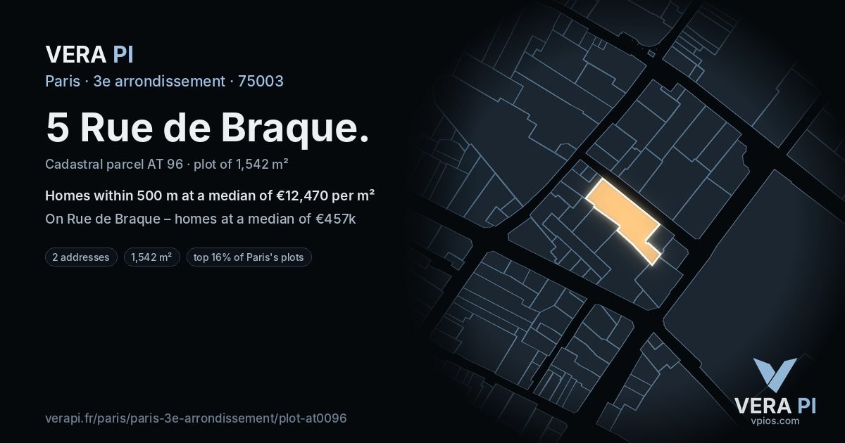 5 Rue de Braque, 3e arrondissement at night – the plot lit, the parcels around coloured by the prices near them