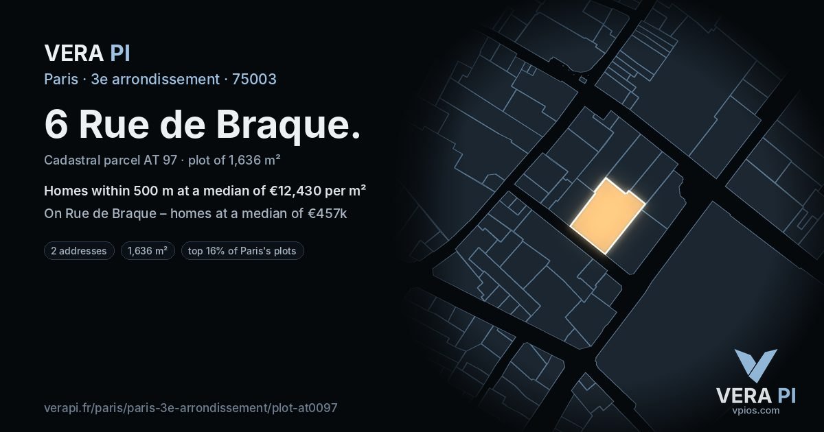 6 Rue de Braque, 3e arrondissement at night – the plot lit, the parcels around coloured by the prices near them