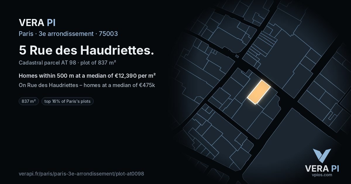 5 Rue des Haudriettes, 3e arrondissement at night – the plot lit, the parcels around coloured by the prices near them
