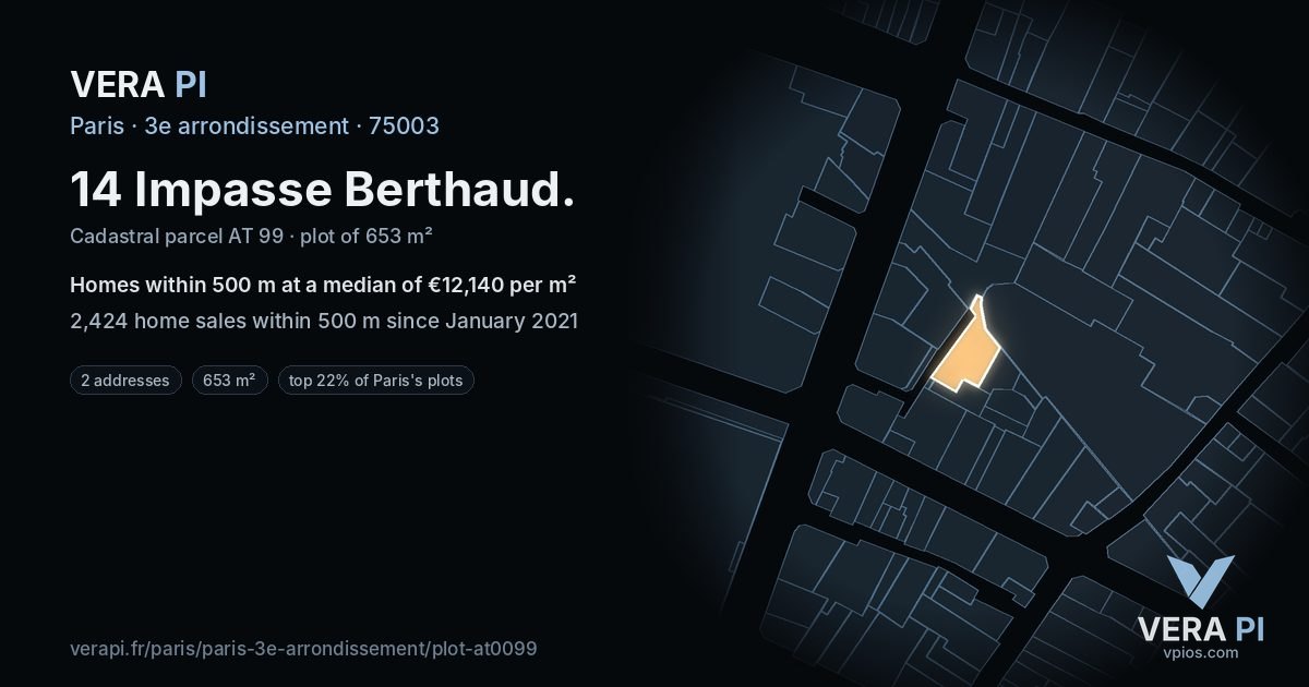 14 Impasse Berthaud, 3e arrondissement at night – the plot lit, the parcels around coloured by the prices near them