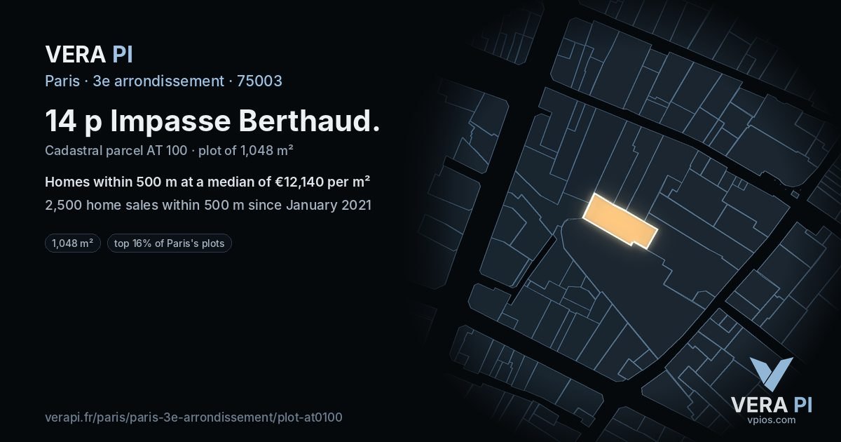 14 p Impasse Berthaud, 3e arrondissement at night – the plot lit, the parcels around coloured by the prices near them
