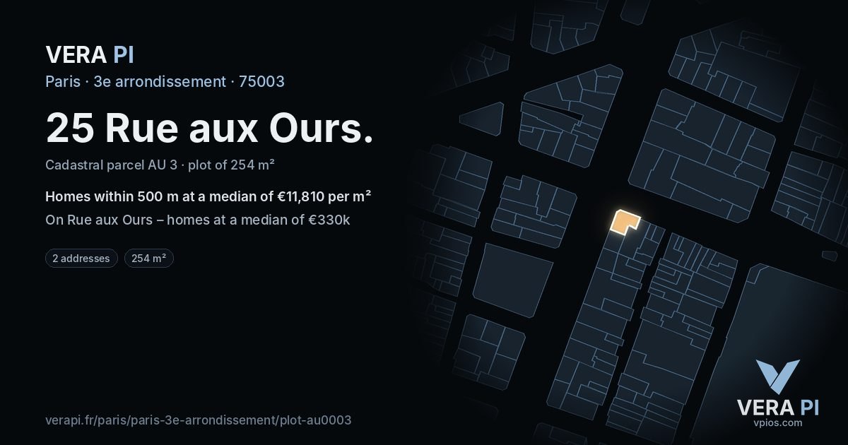 25 Rue aux Ours, 3e arrondissement at night – the plot lit, the parcels around coloured by the prices near them