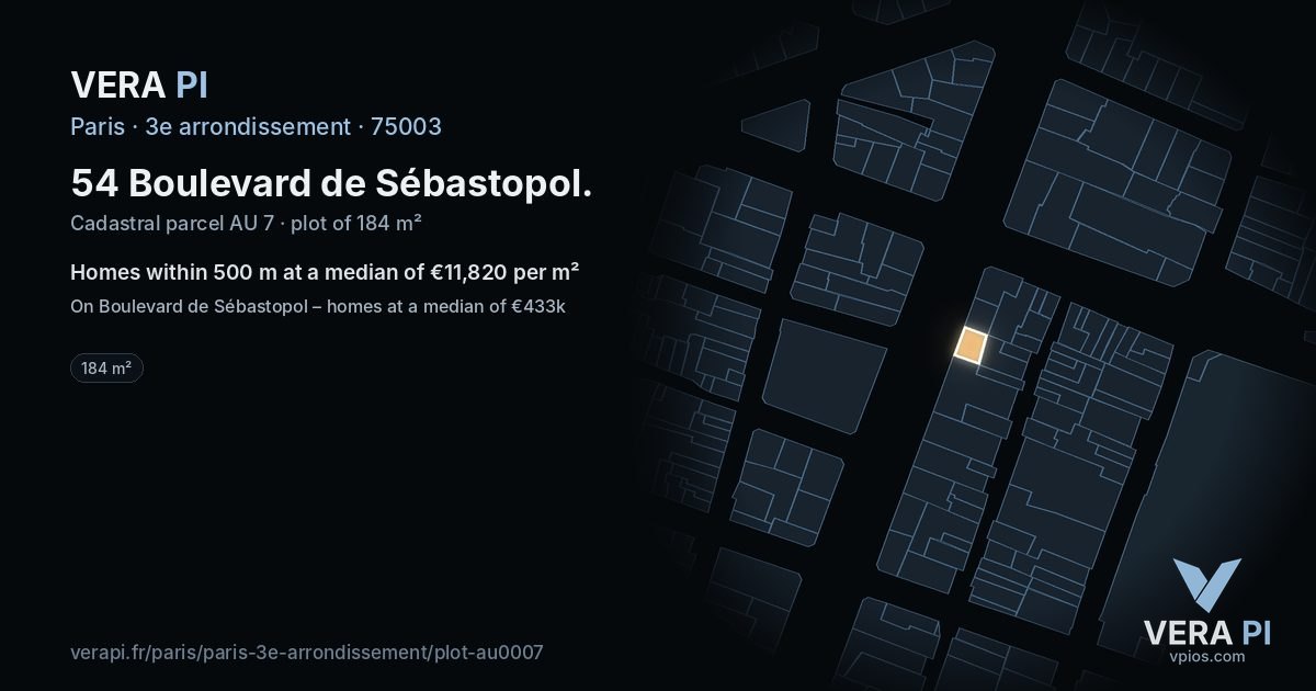 54 Boulevard de Sébastopol, 3e arrondissement at night – the plot lit, the parcels around coloured by the prices near them