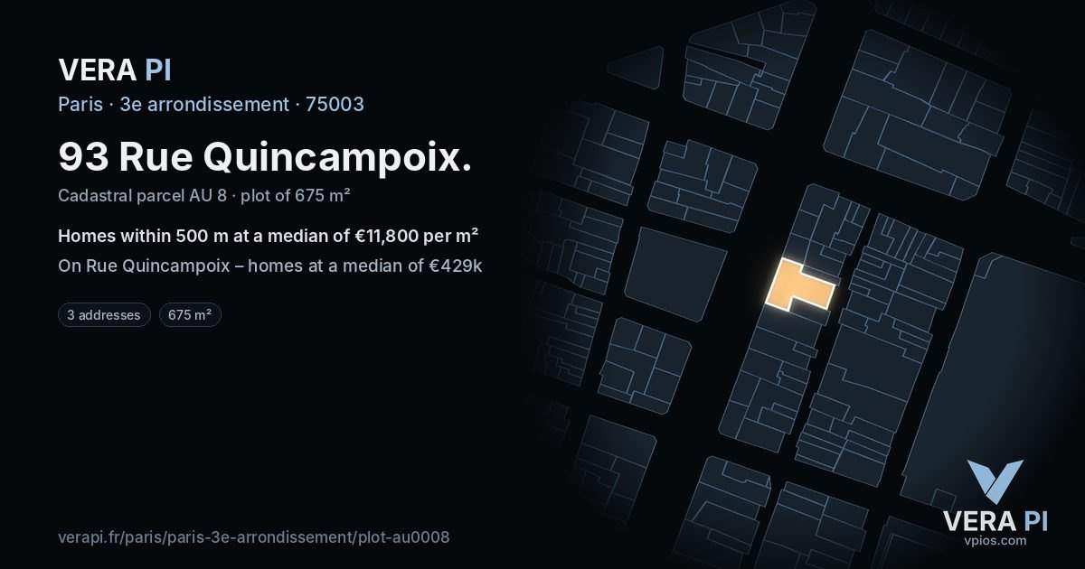 93 Rue Quincampoix, 3e arrondissement at night – the plot lit, the parcels around coloured by the prices near them