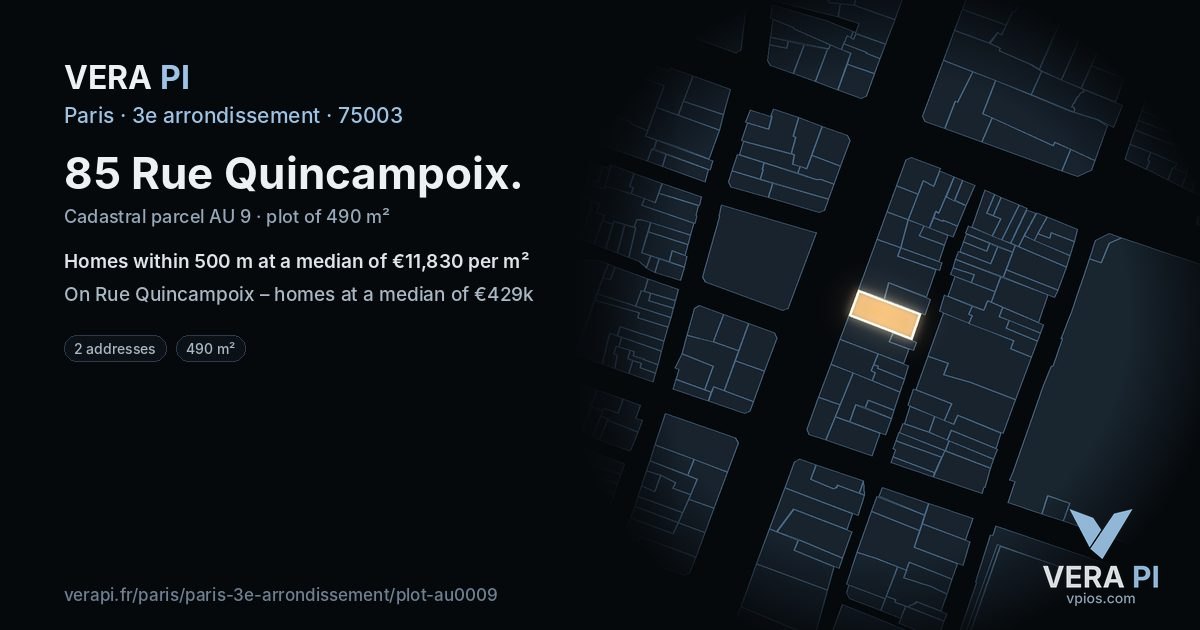 85 Rue Quincampoix, 3e arrondissement at night – the plot lit, the parcels around coloured by the prices near them