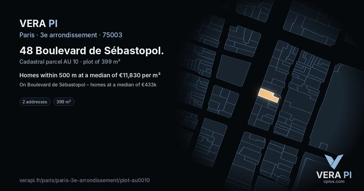 48 Boulevard de Sébastopol, 3e arrondissement at night – the plot lit, the parcels around coloured by the prices near them