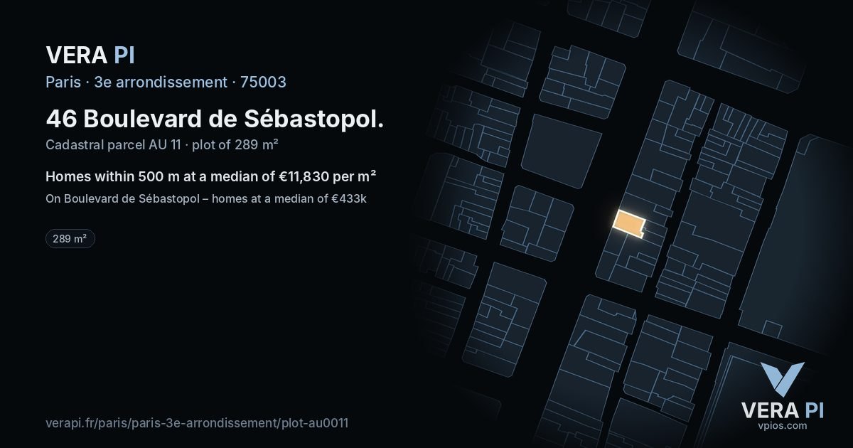 46 Boulevard de Sébastopol, 3e arrondissement at night – the plot lit, the parcels around coloured by the prices near them