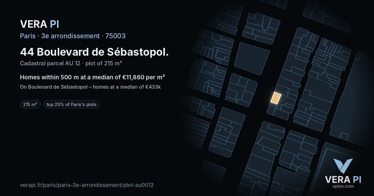 44 Boulevard de Sébastopol, 3e arrondissement at night – the plot lit, the parcels around coloured by the prices near them