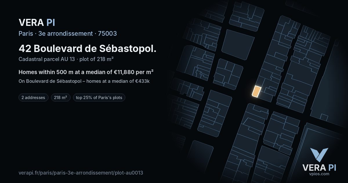 42 Boulevard de Sébastopol, 3e arrondissement at night – the plot lit, the parcels around coloured by the prices near them