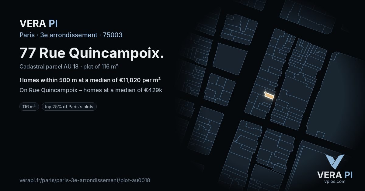 77 Rue Quincampoix, 3e arrondissement at night – the plot lit, the parcels around coloured by the prices near them