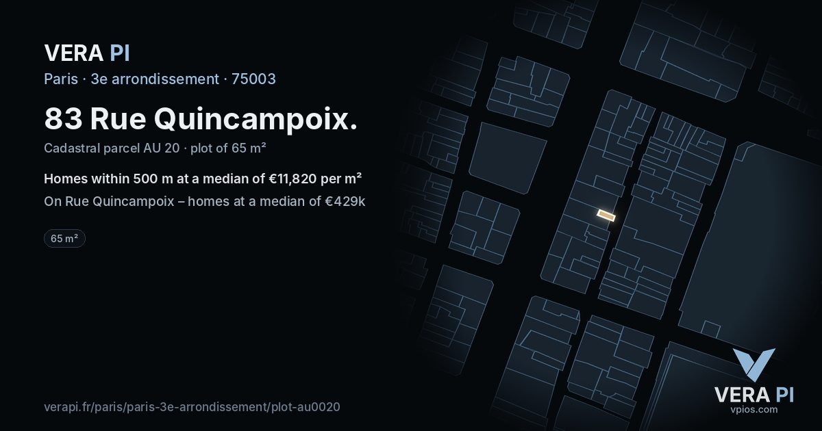 83 Rue Quincampoix, 3e arrondissement at night – the plot lit, the parcels around coloured by the prices near them
