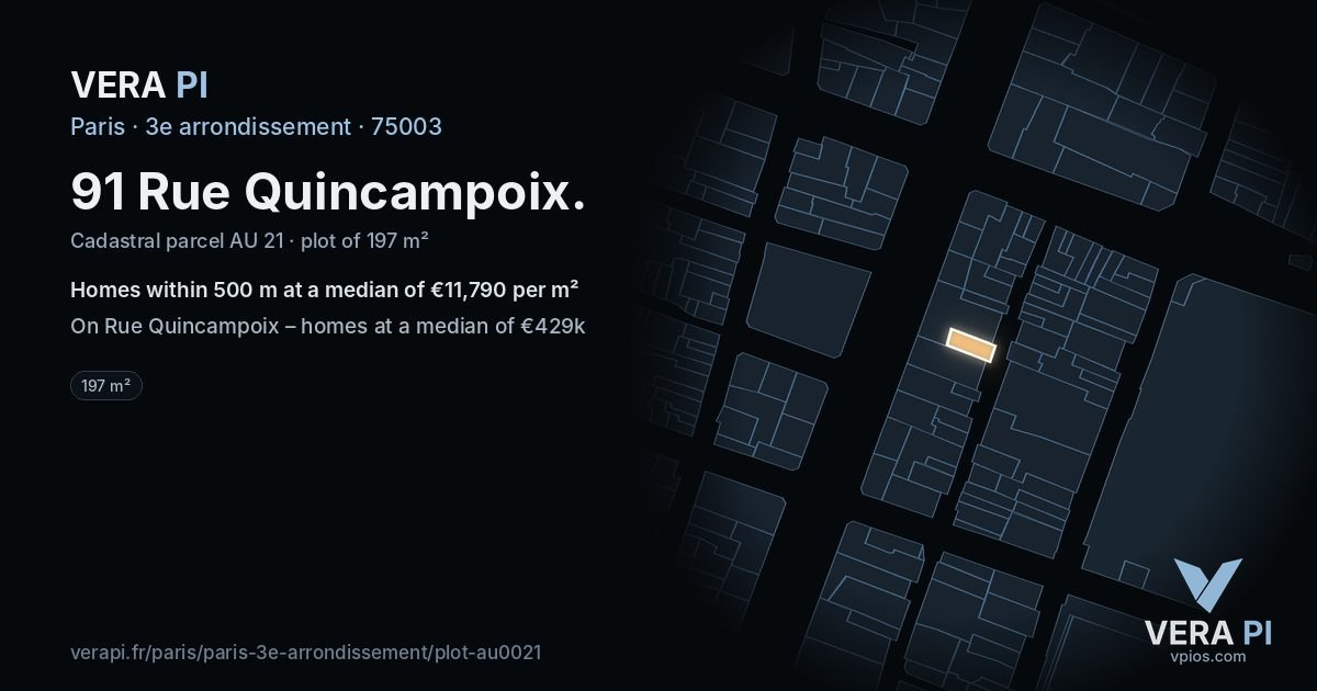 91 Rue Quincampoix, 3e arrondissement at night – the plot lit, the parcels around coloured by the prices near them