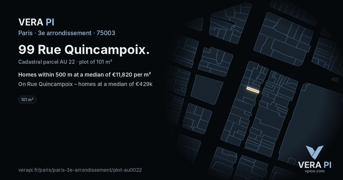 99 Rue Quincampoix, 3e arrondissement at night – the plot lit, the parcels around coloured by the prices near them