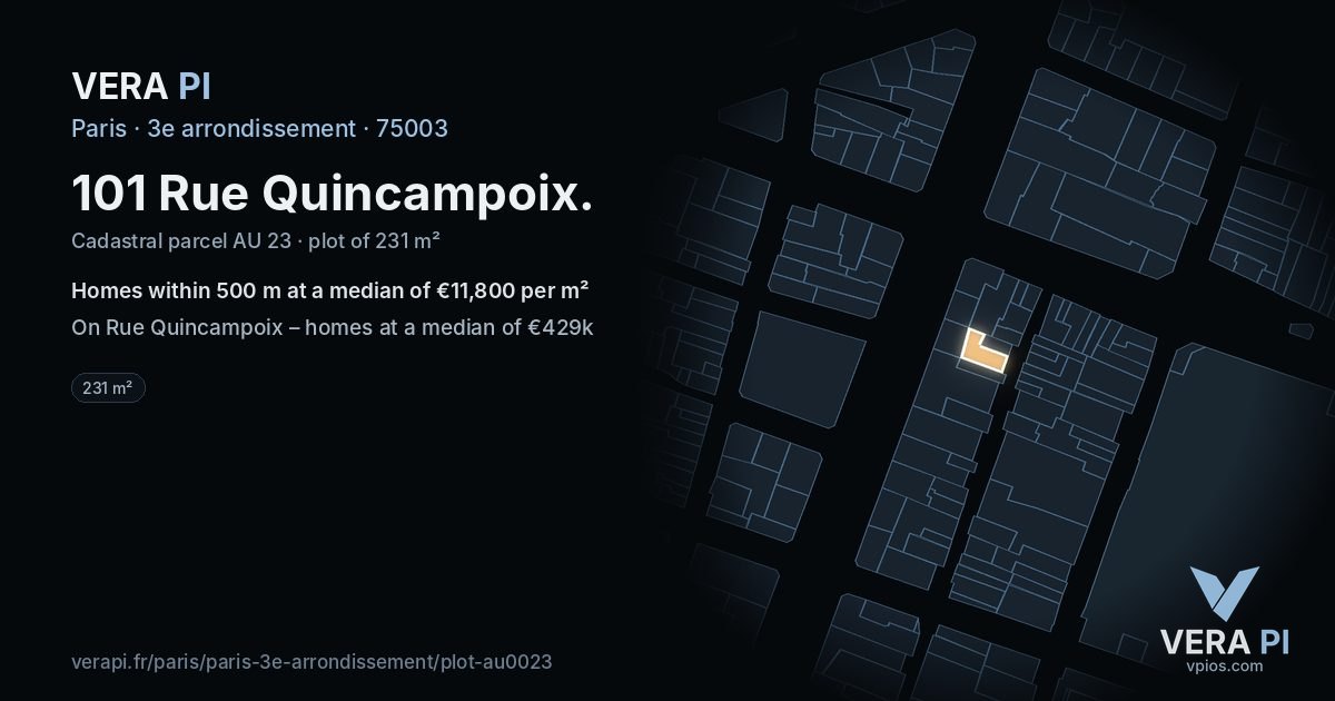 101 Rue Quincampoix, 3e arrondissement at night – the plot lit, the parcels around coloured by the prices near them