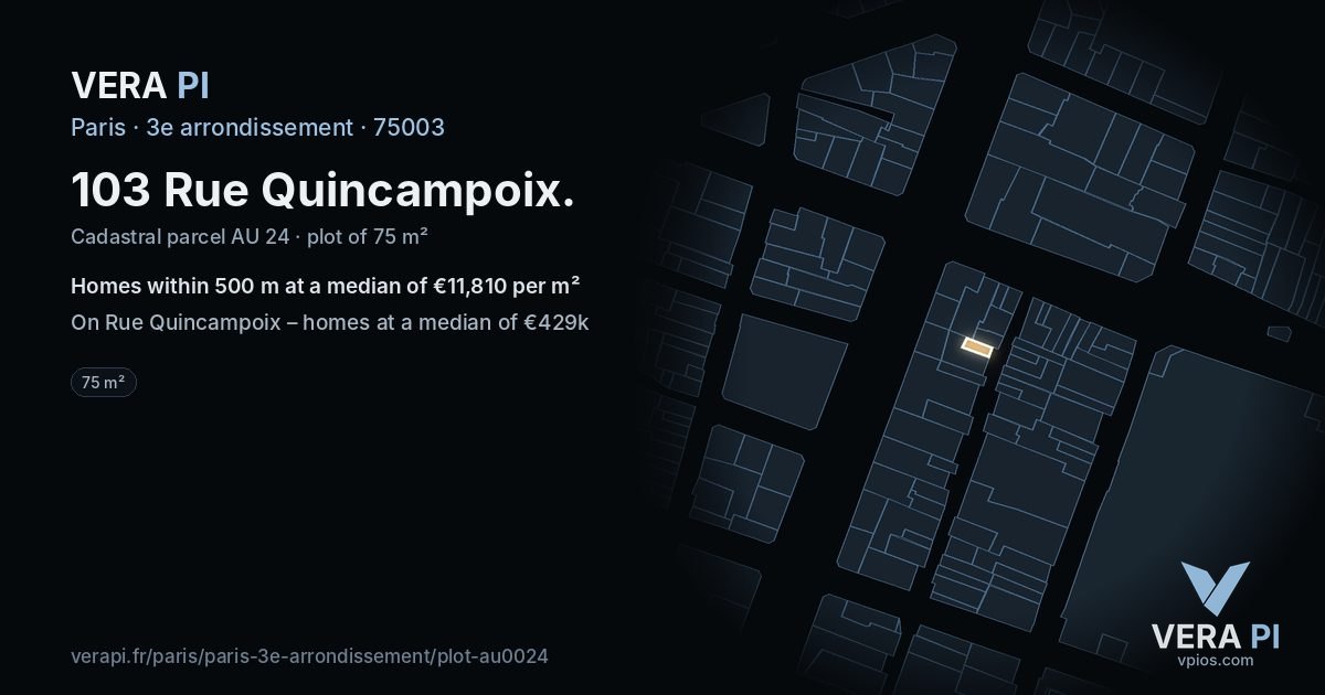 103 Rue Quincampoix, 3e arrondissement at night – the plot lit, the parcels around coloured by the prices near them
