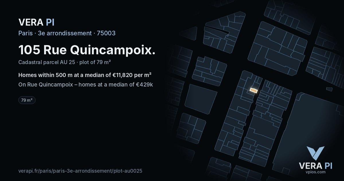 105 Rue Quincampoix, 3e arrondissement at night – the plot lit, the parcels around coloured by the prices near them
