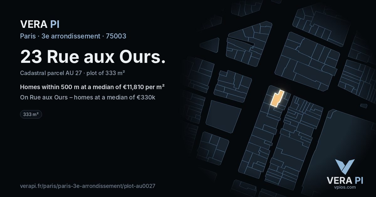 23 Rue aux Ours, 3e arrondissement at night – the plot lit, the parcels around coloured by the prices near them