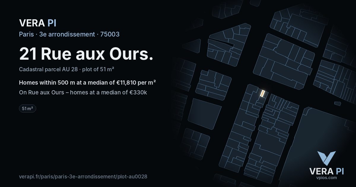 21 Rue aux Ours, 3e arrondissement at night – the plot lit, the parcels around coloured by the prices near them