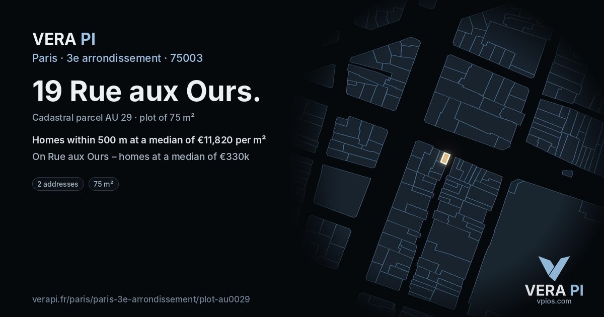 19 Rue aux Ours, 3e arrondissement at night – the plot lit, the parcels around coloured by the prices near them