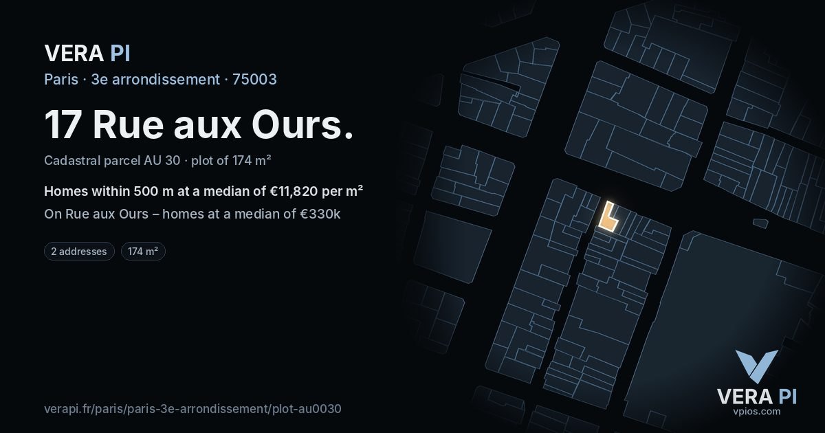 17 Rue aux Ours, 3e arrondissement at night – the plot lit, the parcels around coloured by the prices near them