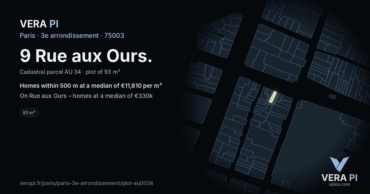 9 Rue aux Ours, 3e arrondissement at night – the plot lit, the parcels around coloured by the prices near them