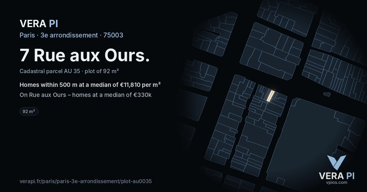 7 Rue aux Ours, 3e arrondissement at night – the plot lit, the parcels around coloured by the prices near them