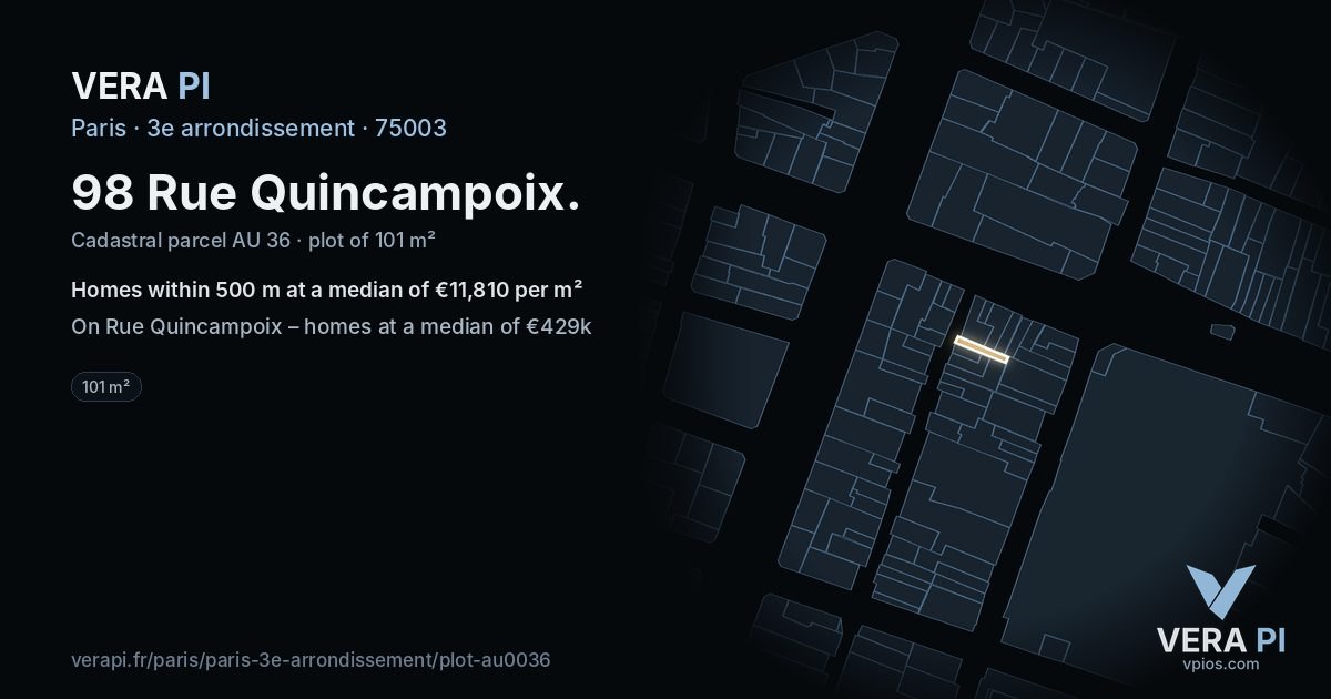 98 Rue Quincampoix, 3e arrondissement at night – the plot lit, the parcels around coloured by the prices near them