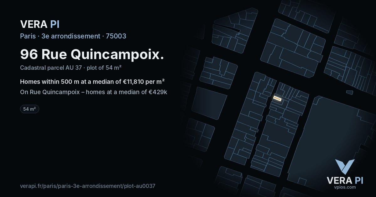 96 Rue Quincampoix, 3e arrondissement at night – the plot lit, the parcels around coloured by the prices near them