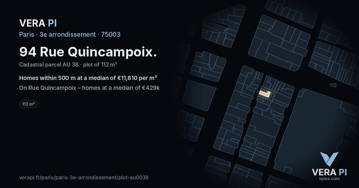 94 Rue Quincampoix, 3e arrondissement at night – the plot lit, the parcels around coloured by the prices near them