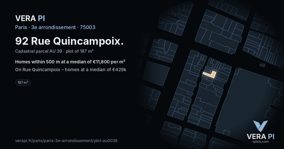 92 Rue Quincampoix, 3e arrondissement at night – the plot lit, the parcels around coloured by the prices near them