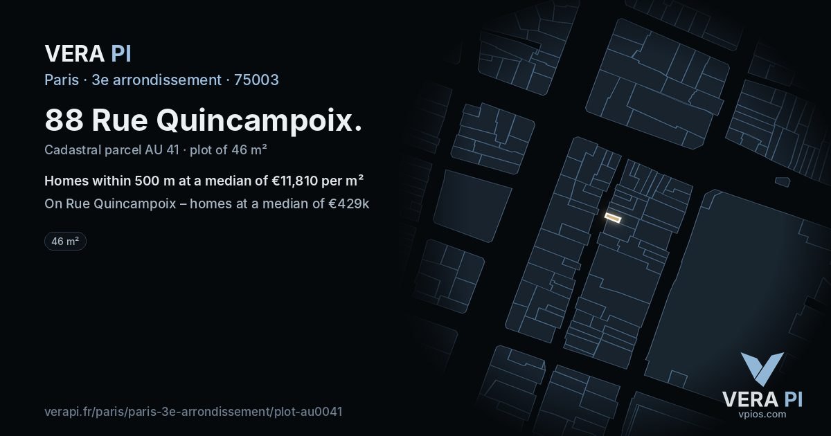 88 Rue Quincampoix, 3e arrondissement at night – the plot lit, the parcels around coloured by the prices near them