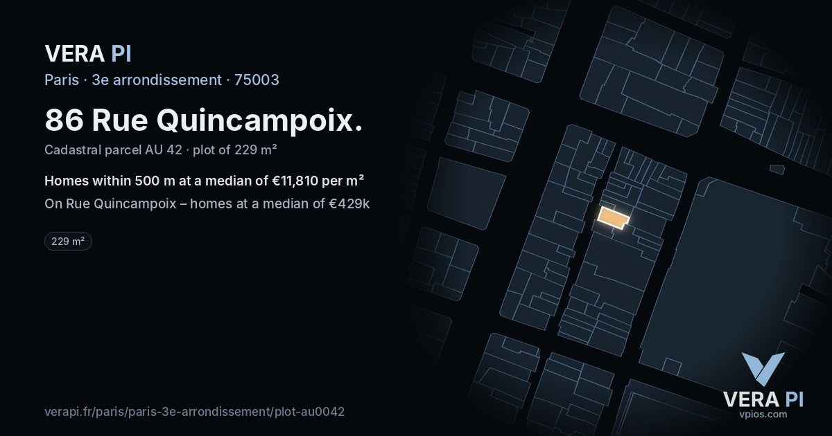 86 Rue Quincampoix, 3e arrondissement at night – the plot lit, the parcels around coloured by the prices near them