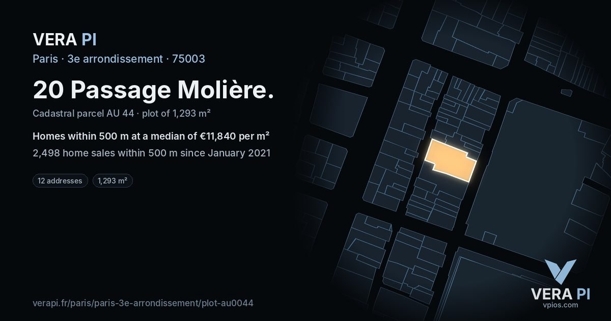 20 Passage Molière, 3e arrondissement at night – the plot lit, the parcels around coloured by the prices near them