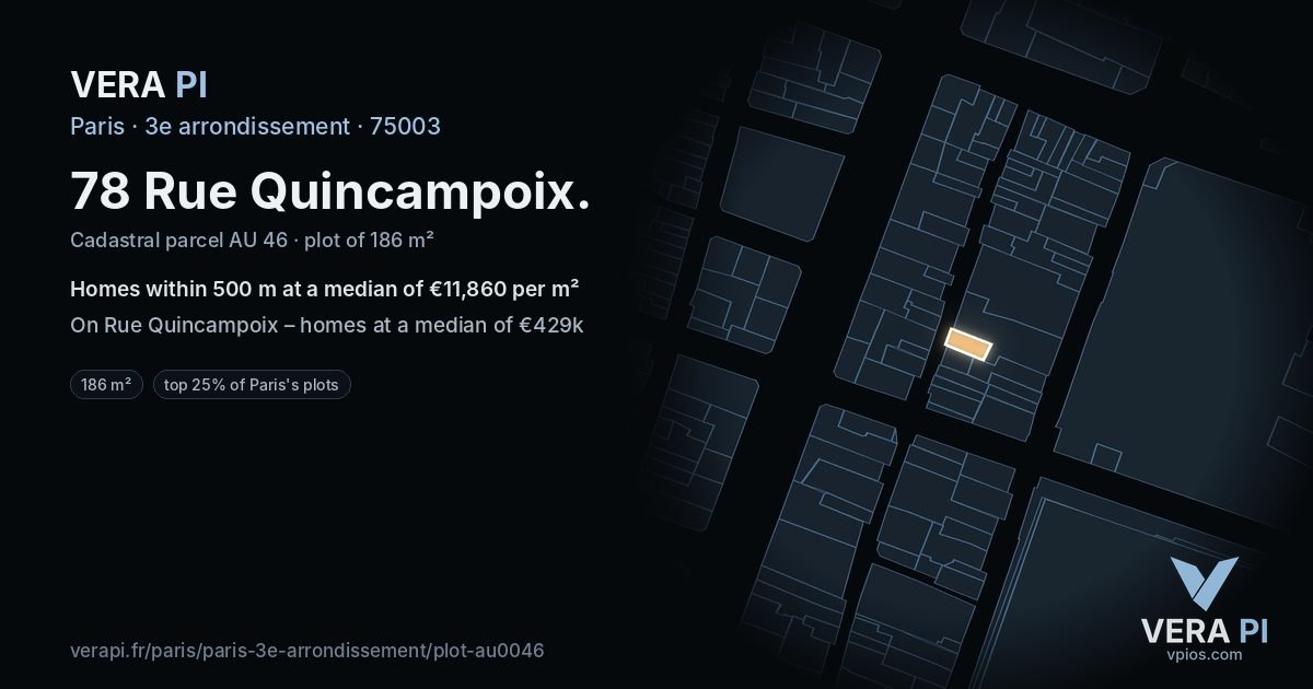 78 Rue Quincampoix, 3e arrondissement at night – the plot lit, the parcels around coloured by the prices near them